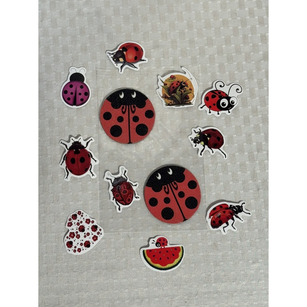 2 Ladybug Neoprene Fabric Round Car Coasters For Cup Holder & 10 Stickers Set